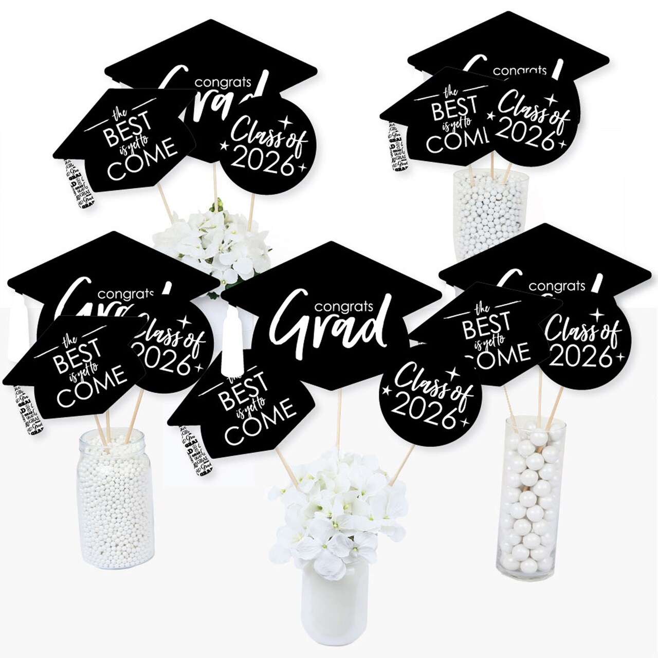 Big Dot of Happiness Black and White 2026 Graduation Party Centerpiece Sticks - Table Toppers - Set of 15